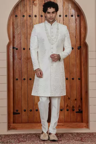 Cream computer thread work on art silk sherwani for men