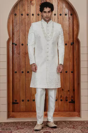 Cream computer thread work on art silk sherwani for men