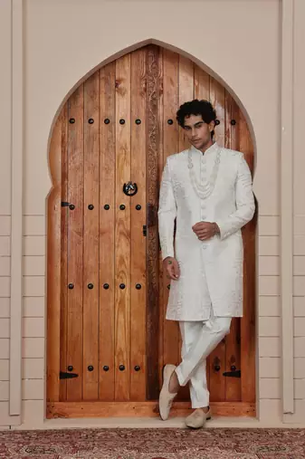 Cream computer thread work on art silk sherwani for men