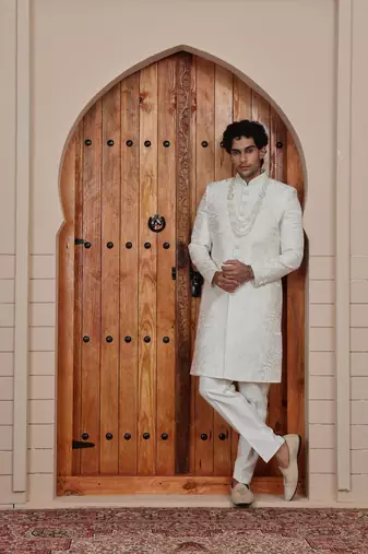 Cream computer thread work on art silk sherwani for men