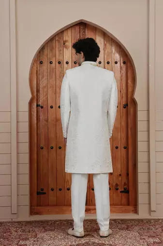 Cream computer thread work on art silk sherwani for men