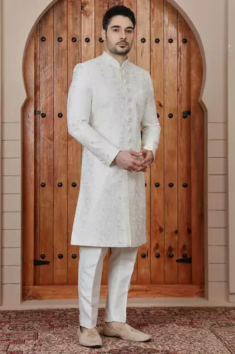Cream computer thread work on art silk sherwani for men