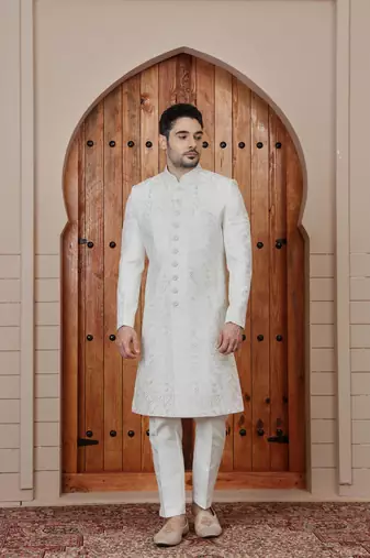 Cream computer thread work on art silk sherwani for men