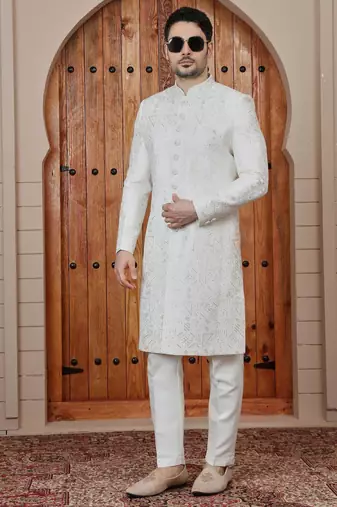Cream computer thread work on art silk sherwani for men