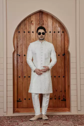 Cream computer thread work on art silk sherwani for men