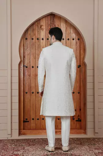 Cream computer thread work on art silk sherwani for men