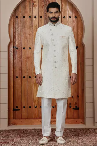 cream computer thread work on art silk sherwani for men