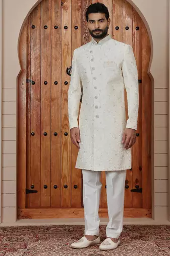 cream computer thread work on art silk sherwani for men