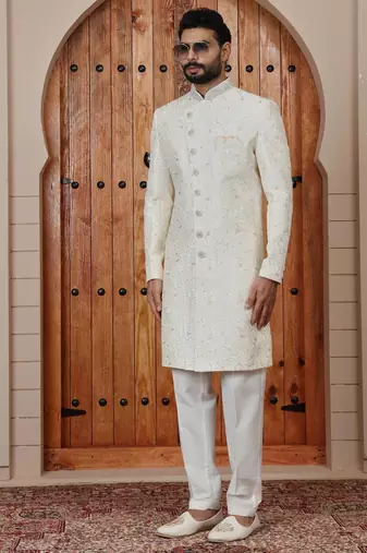 cream computer thread work on art silk sherwani for men