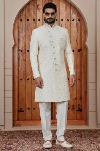 cream computer thread work on art silk sherwani for men