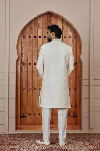 cream computer thread work on art silk sherwani for men