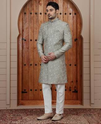 Green computer thread work on art silk sherwani for men 1