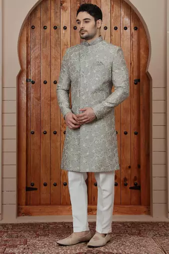 Green computer thread work on art silk sherwani for men