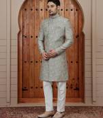 Green computer thread work on art silk sherwani for men
