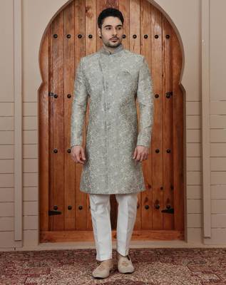 Green computer thread work on art silk sherwani for men 2