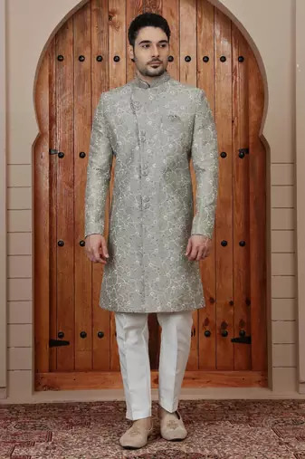 Green computer thread work on art silk sherwani for men