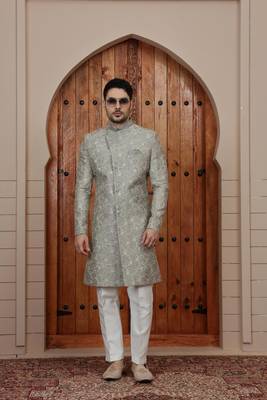 Green computer thread work on art silk sherwani for men 3