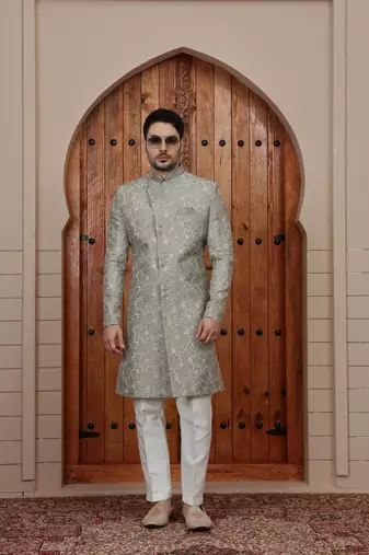 Green computer thread work on art silk sherwani for men