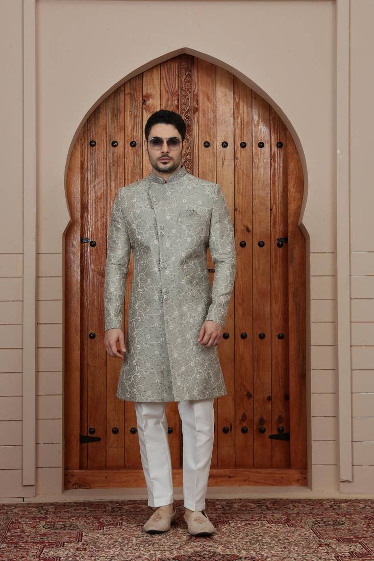 Green computer thread work on art silk sherwani for men