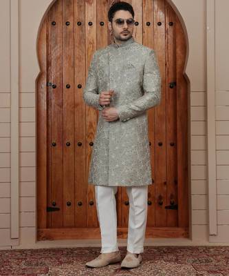 Green computer thread work on art silk sherwani for men 4