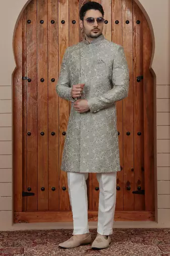 Green computer thread work on art silk sherwani for men