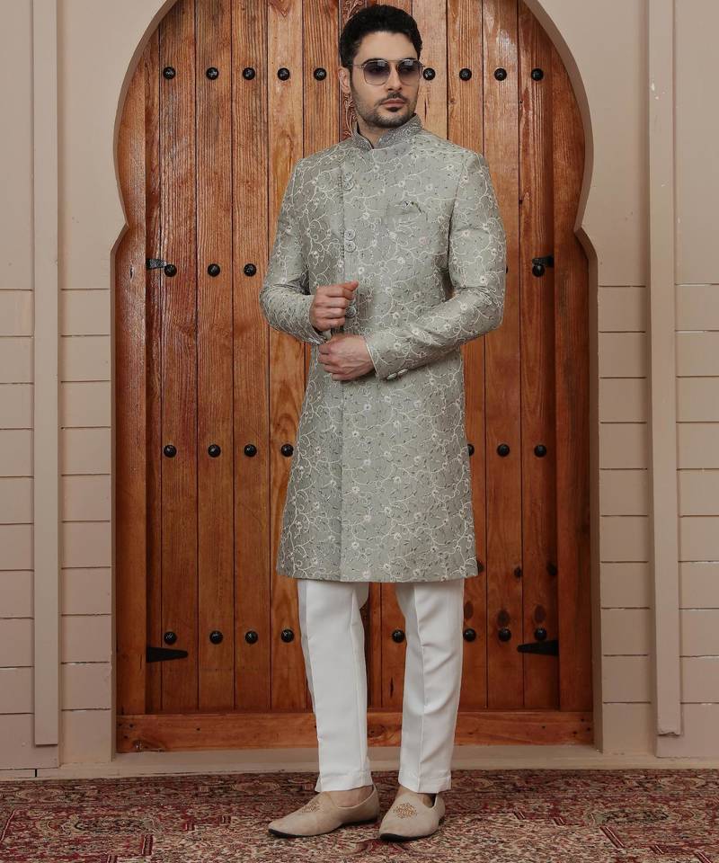 Green computer thread work on art silk sherwani for men