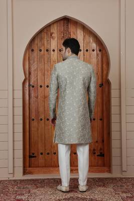 Green computer thread work on art silk sherwani for men 5