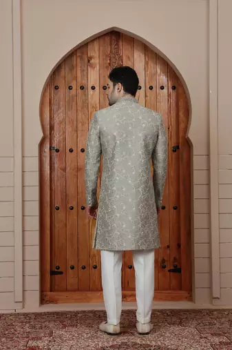 Green computer thread work on art silk sherwani for men