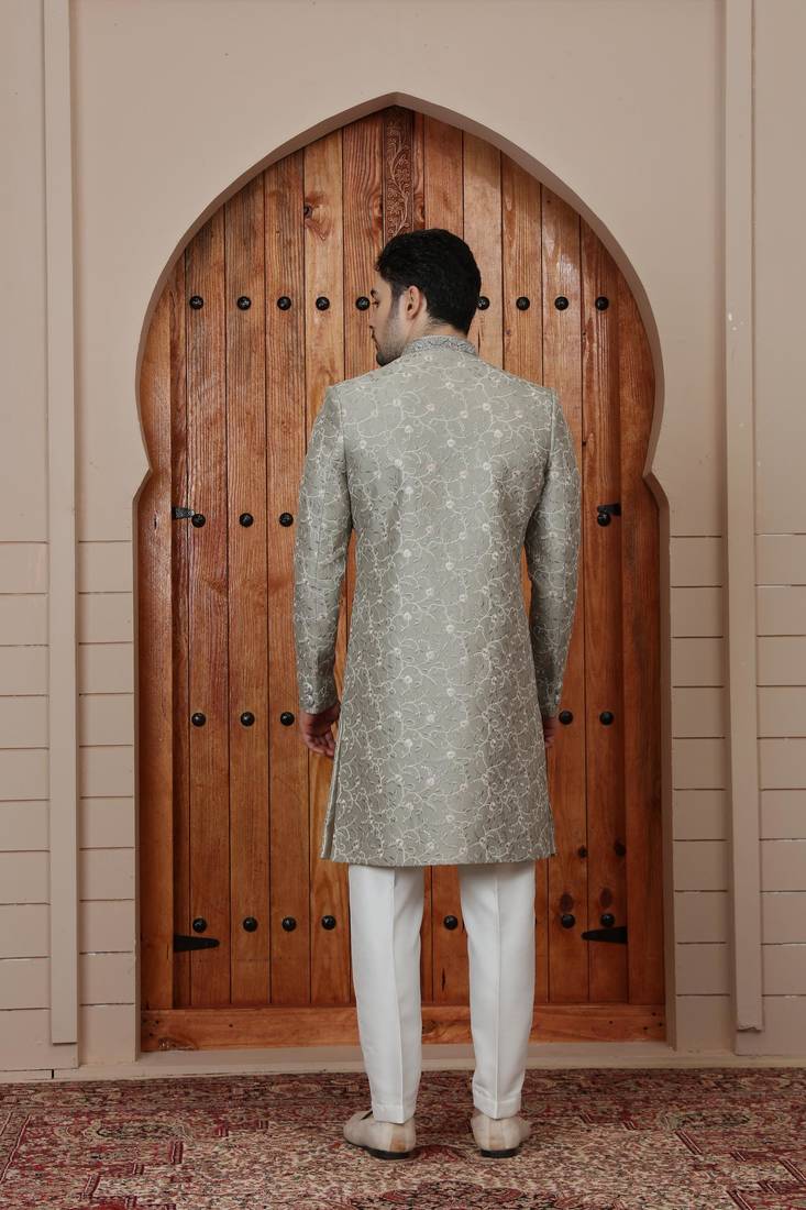 Green computer thread work on art silk sherwani for men