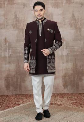 Wine computer thread work on art silk 3 peice indo-western for men 1