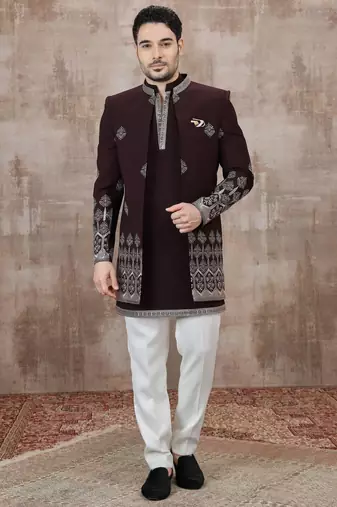 Wine computer thread work on art silk 3 peice indo-western for men