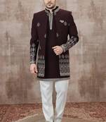 Wine computer thread work on art silk 3 peice indo-western for men