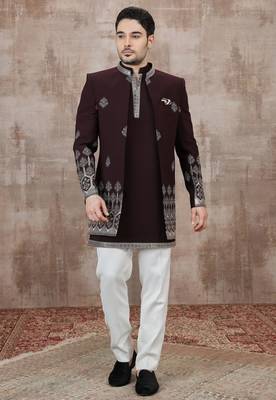 Wine computer thread work on art silk 3 peice indo-western for men 2