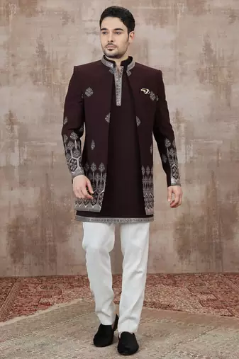 Wine computer thread work on art silk 3 peice indo-western for men