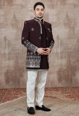 Wine computer thread work on art silk 3 peice indo-western for men 3