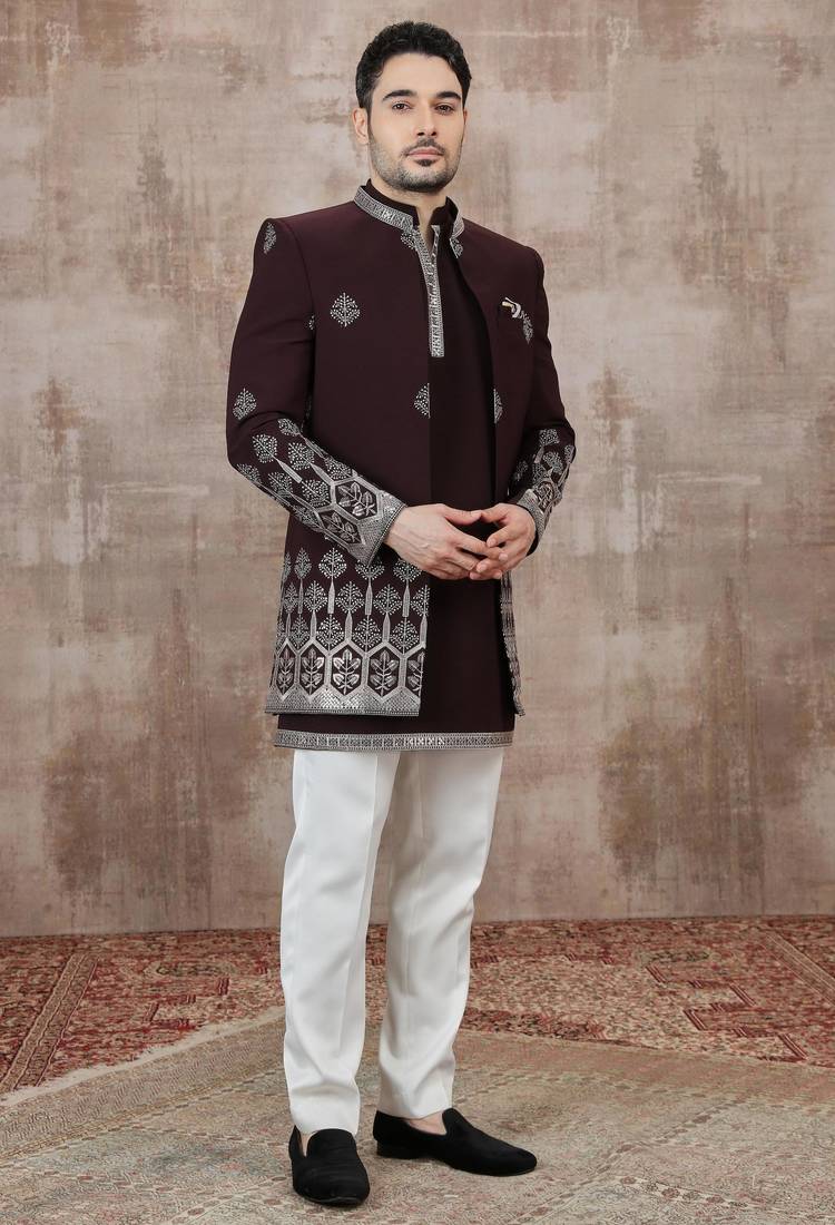 Wine computer thread work on art silk 3 peice indo-western for men