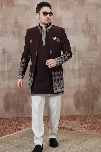 Wine computer thread work on art silk 3 peice indo-western for men