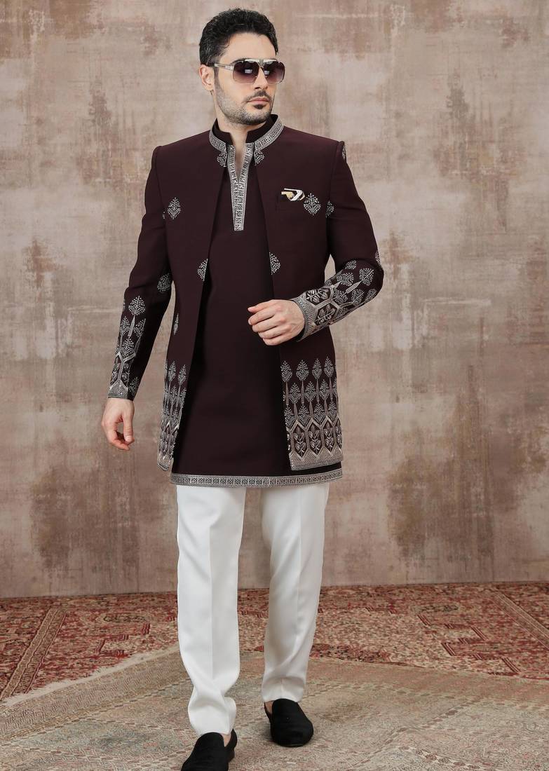 Wine computer thread work on art silk 3 peice indo-western for men