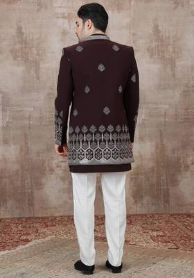 Wine computer thread work on art silk 3 peice indo-western for men 5