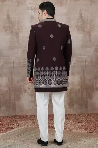 Wine computer thread work on art silk 3 peice indo-western for men