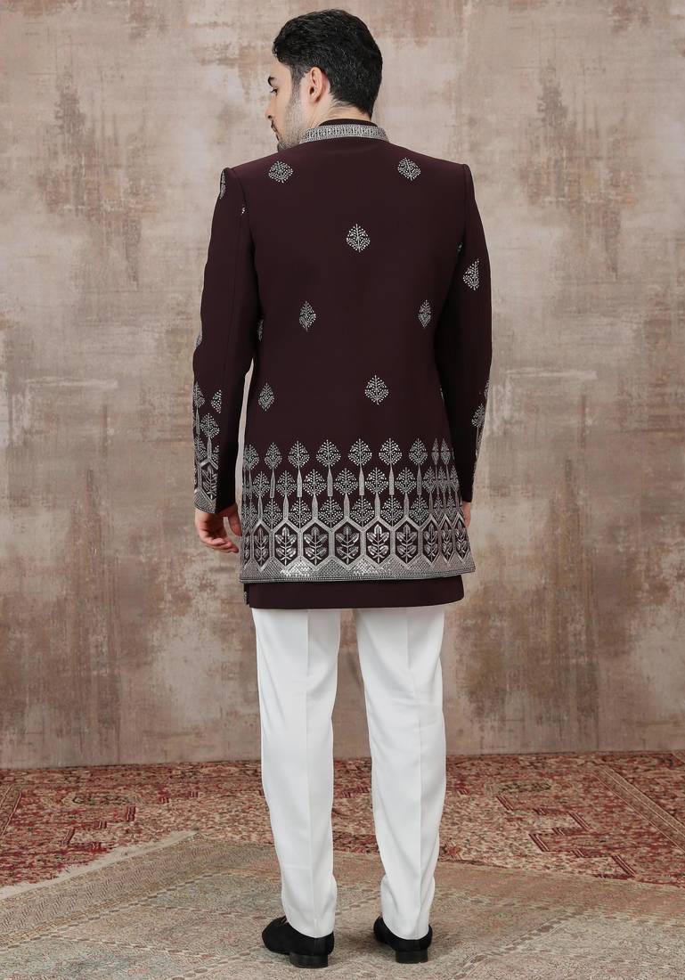 Wine computer thread work on art silk 3 peice indo-western for men