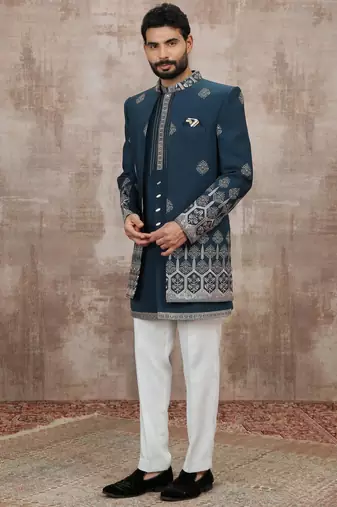Blue computer thread work on art silk 3 peice indo-western for men