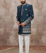 Blue computer thread work on art silk 3 peice indo-western for men