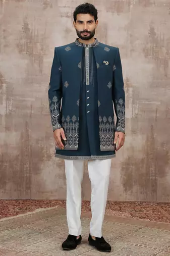 Blue computer thread work on art silk 3 peice indo-western for men