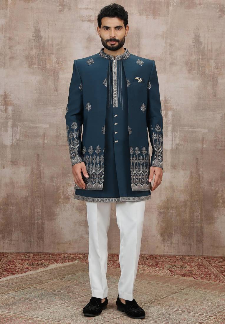 Blue computer thread work on art silk 3 peice indo-western for men