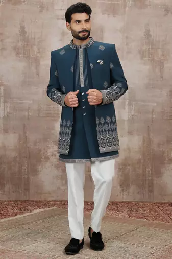 Blue computer thread work on art silk 3 peice indo-western for men