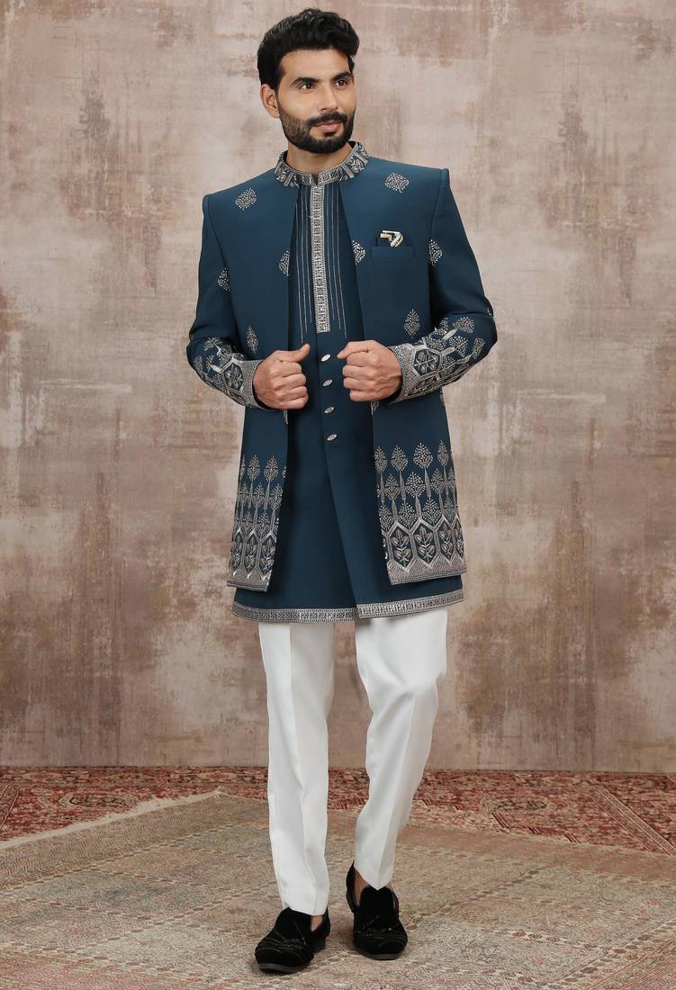 Blue computer thread work on art silk 3 peice indo-western for men