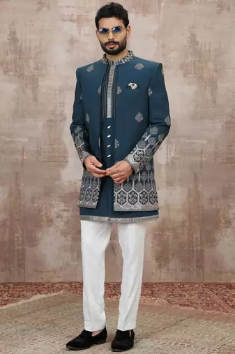 Blue computer thread work on art silk 3 peice indo-western for men