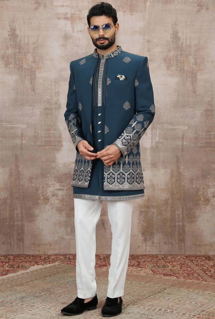 Blue computer thread work on art silk 3 peice indo-western for men