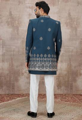 Blue computer thread work on art silk 3 peice indo-western for men 5